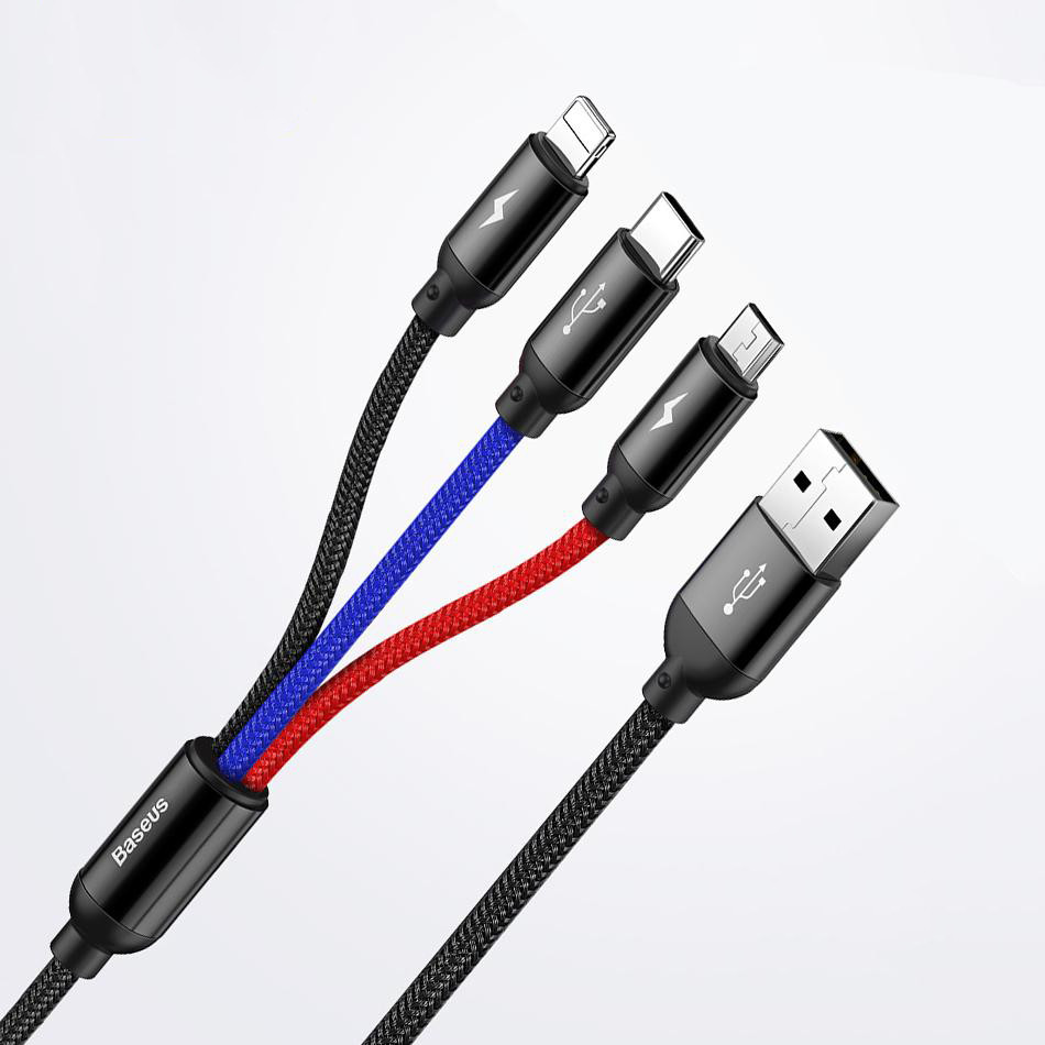 Короткий кабель для зарядки 3в1 BASEUS 3.5A Primary Colors MicroUSB+Lightning+Type-C (чорний) 30cм