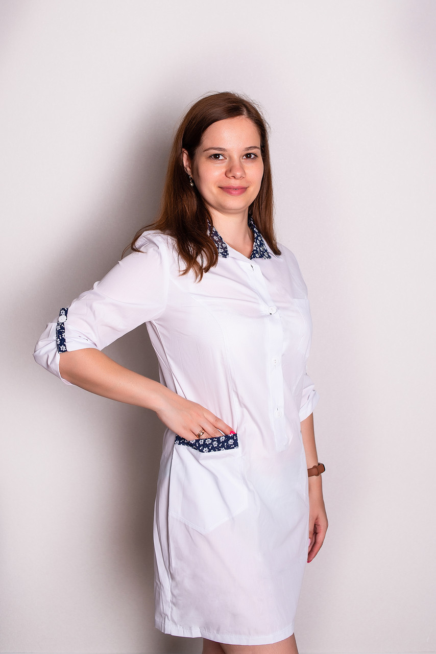 Халат медичний жіночий Мальвіна (батист, білий-синій, р. 42-50) Марія, фото 1