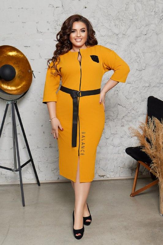 Жіноча приталена гірчична сукня міді на блискавці, фото 1