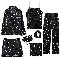Комплект шелковый Звезды для сна, дома из 7 предметов. Пижама женская атласная M (черный)