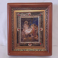 Икона Рождество Христово, лик 10х12 см, в коричневом деревянном киоте с камнями
