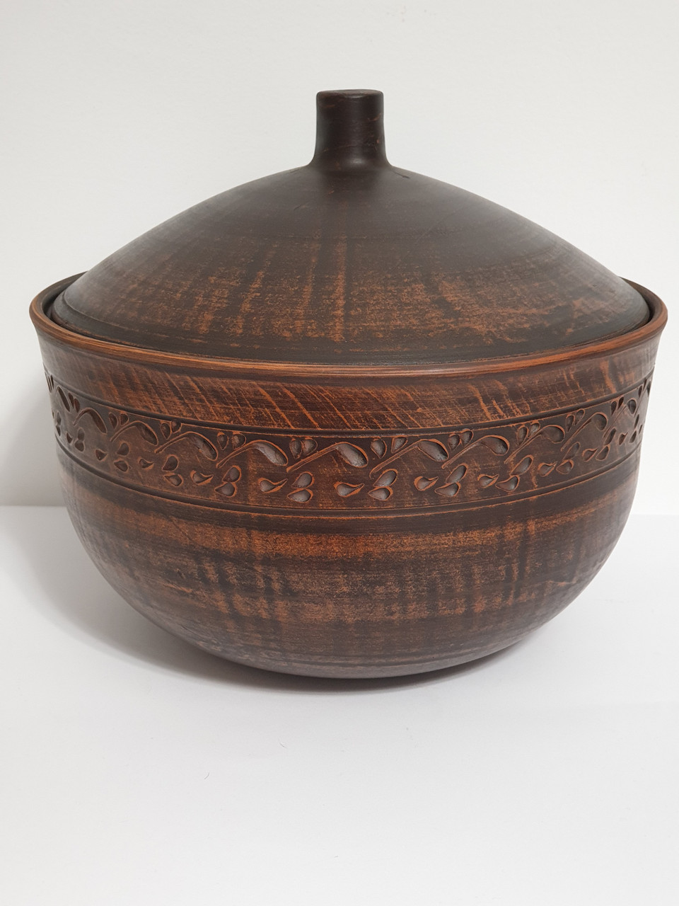 Супниця / супник з кришкою, без ручок, глиняна (з червоної глини), 4 л