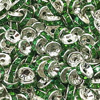 Намистини Finding Розділювачі для намистин ронделі Стрази зелені Метал сріблястий 8 мм х 3.7 мм 1.9 мм