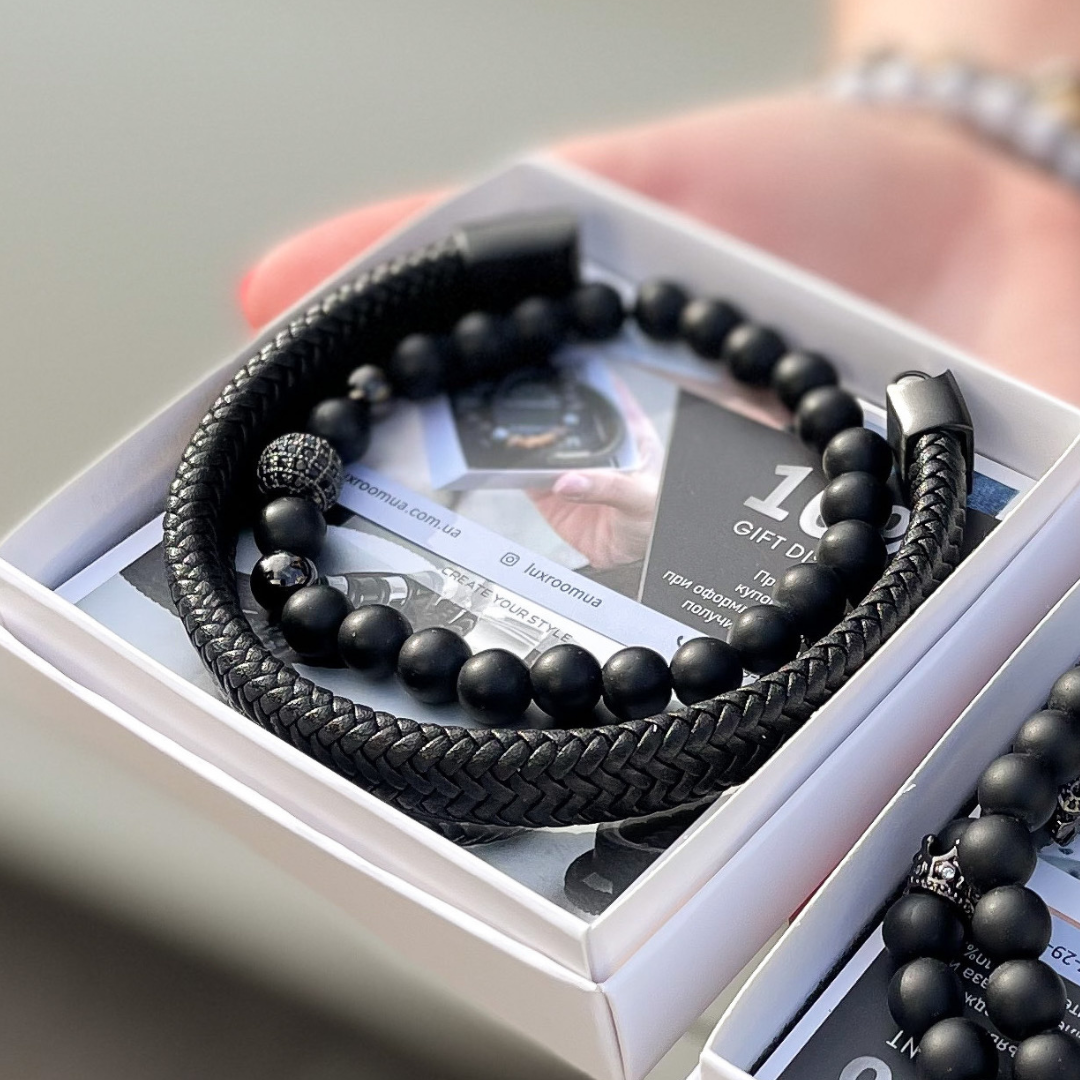 Чоловічі браслети з натуральних каменів і шкіри, шкіряний браслет, кам'яний браслет з агату комплект - фото 1 - id-p1492617335