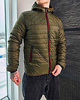 Мужская стеганная спортивная куртка на весну с капюшоном хаки с подкладкой вышивка в ромбик (Bon)