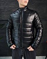 Мужская кожаная куртка черная без капюшона весенняя осенняя до 0*С черная Кожанка мужская демисезонная (Bon)