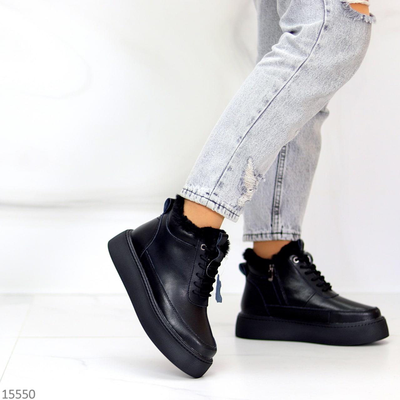 Женские кожаные ботинки зимние на меху модные молодежные черные натуральная кожа - фото 5 - id-p1705906969
