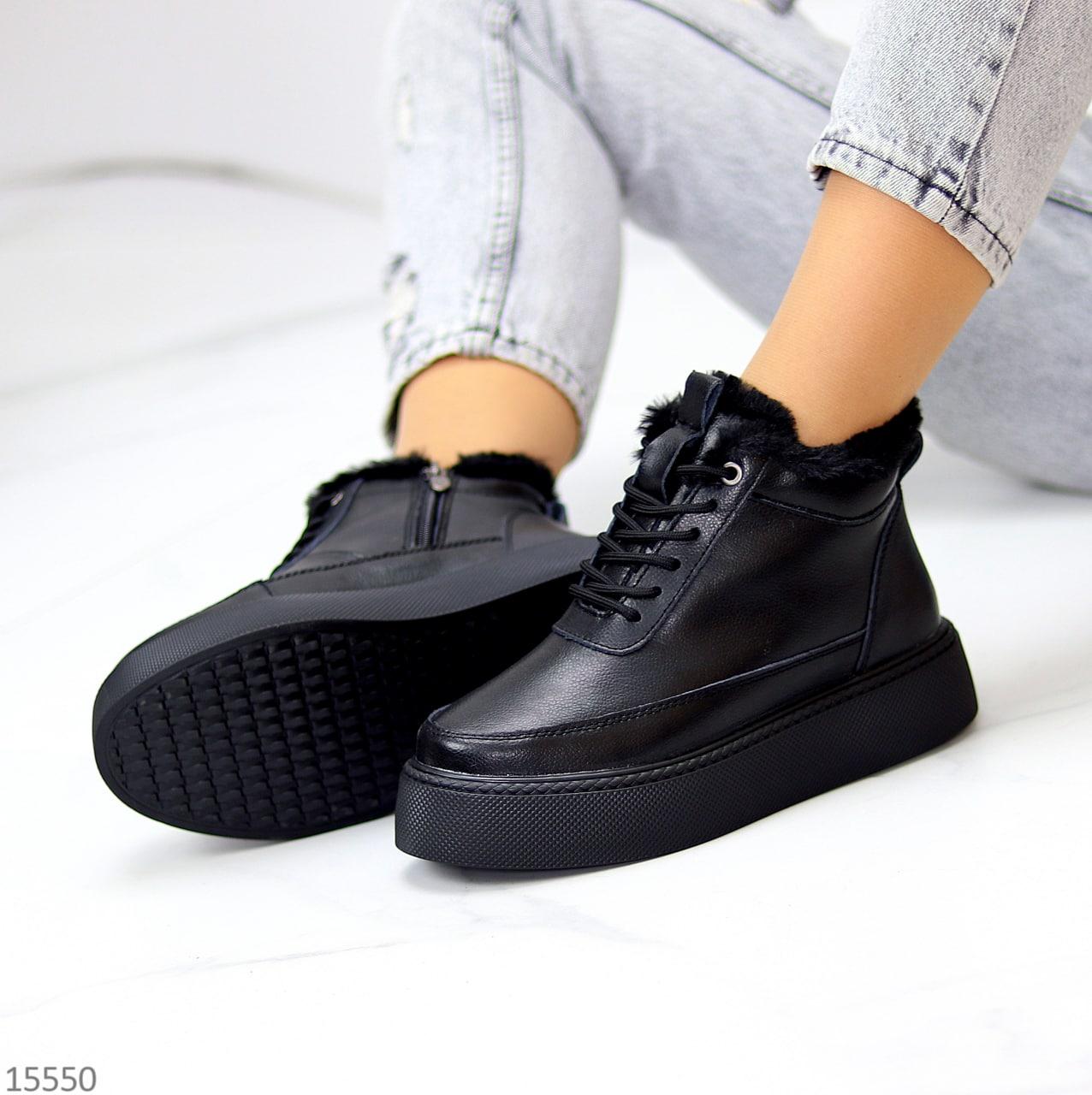 Женские кожаные ботинки зимние на меху модные молодежные черные натуральная кожа - фото 6 - id-p1705906969