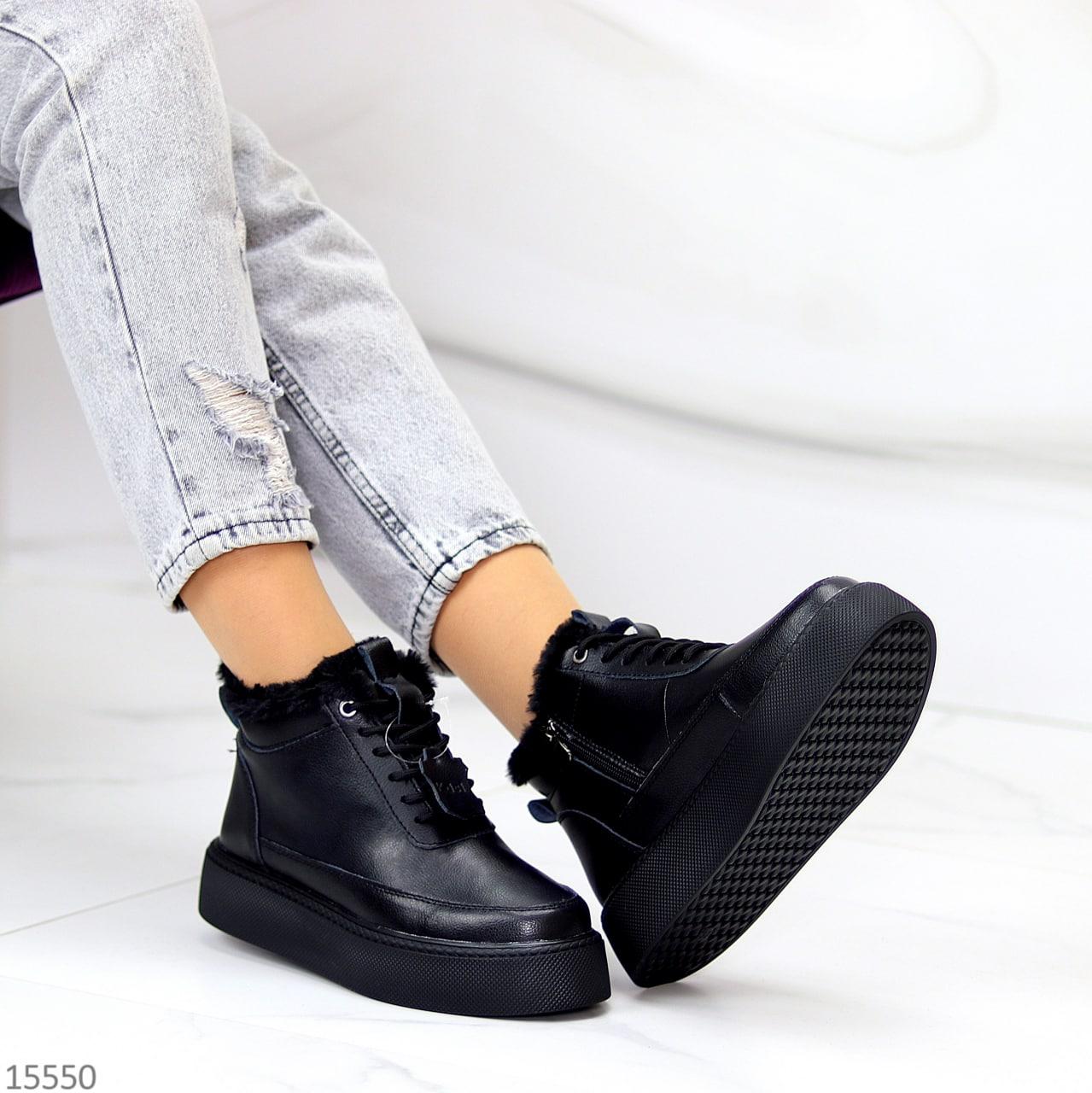 Женские кожаные ботинки зимние на меху модные молодежные черные натуральная кожа - фото 8 - id-p1705906969