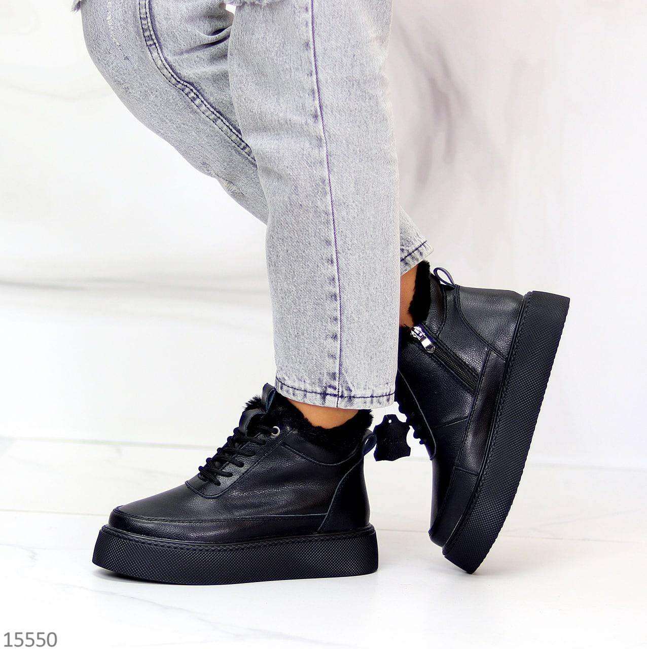 Женские кожаные ботинки зимние на меху модные молодежные черные натуральная кожа - фото 9 - id-p1705906969
