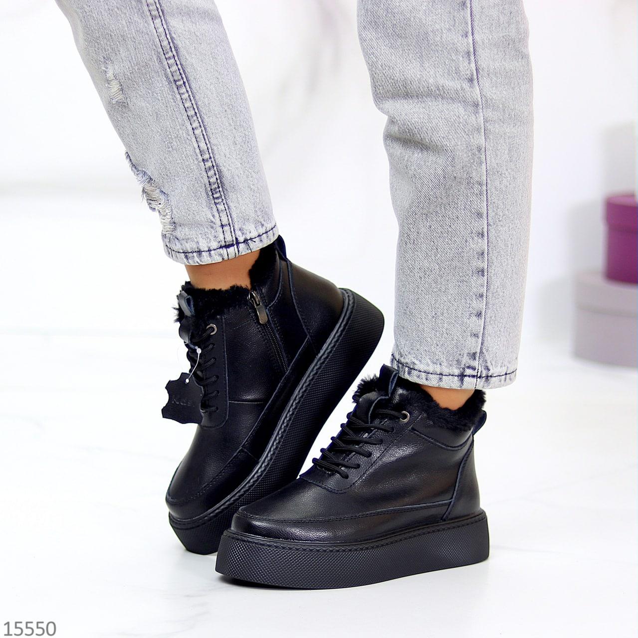Женские кожаные ботинки зимние на меху модные молодежные черные натуральная кожа - фото 10 - id-p1705906969