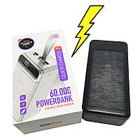 Повербанк QC60 60000 мАч Powerbank для зарядки телефона мощный Lightning Type-C Micro USB с фонариком