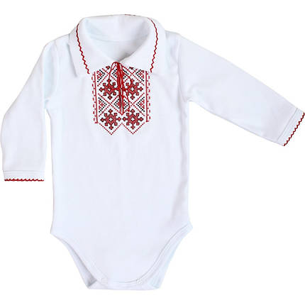 Біле боді для хлопчика з червоною вишивкою хрестиком з комірцем розміри 62 68 74 80 86 92, фото 3
