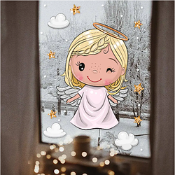 Різдвяні наклейки Милий ангел із зірками та снігом (ангели хмари зірки новорічний декор) 170х250мм матова