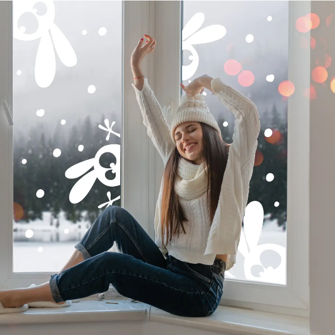 Наклейка символ 2023 року Цікаві кроленята (кролик зайці сніг новорічні наклейки) Маленький набір матова, фото 1