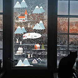 Новорічні наклейки Гірський курорт (будиночки гори сніг ялинка новорічний декор) Маленький набір матова
