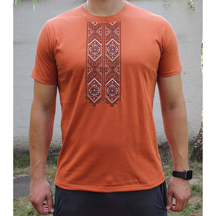 Чоловічі футболки вишиванки, Легка бавовняна футболка чоловіча, Модна футболка з вишивкою помаранчева, фото 2
