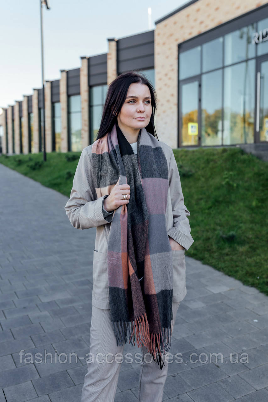 Жіночий палантин кашеміровий на плечі шаль стильний красивий теплий в клітку в сірих відтінках, фото 1