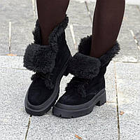 Зимние женские ботинки замшевые на толстой подошве внутри шерсть Черный