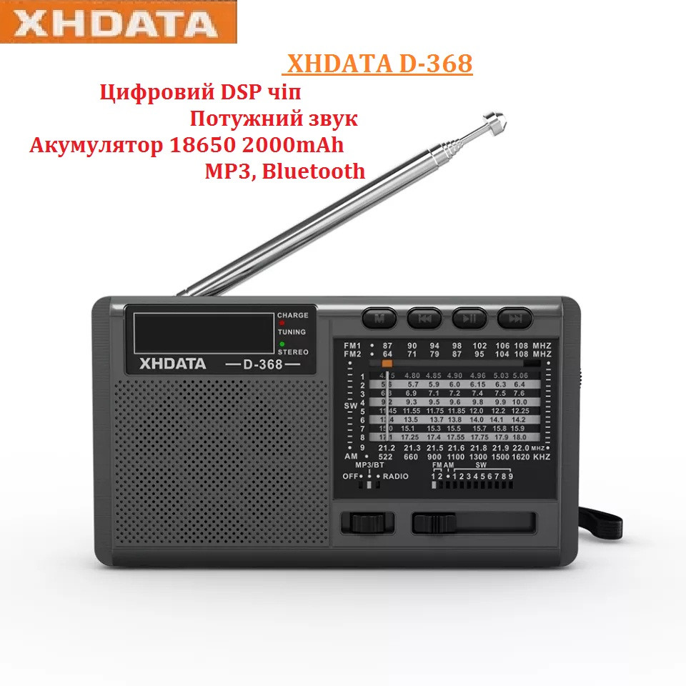 Радіоприймач Xhdata D368 FM/AM/SW MP3, Bluetooth, DSP чип, є УКВ діапазон 64-108 МГЦ, акумулятор 18650