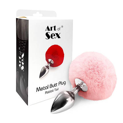 Металева анальна пробка М Art of Sex — Metal Butt plug Rabbit Tail, Ніжно-рожевий, фото 4