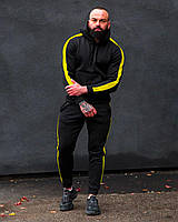 Зимний мужской спортивный костюм на флисе с желтыми лампасами / Черный