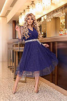 Вечернее синее шикарное платье миди с сеткой с напылением большие размеры