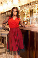 Вечернее красное роскошное платье миди с сеткой с напылением большие размеры