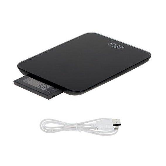 Ваги кухонні з USB зарядкою Adler AD 3167 (до 10 кг, г, фунт, унція, рідка унція, мл, тара, компактні)