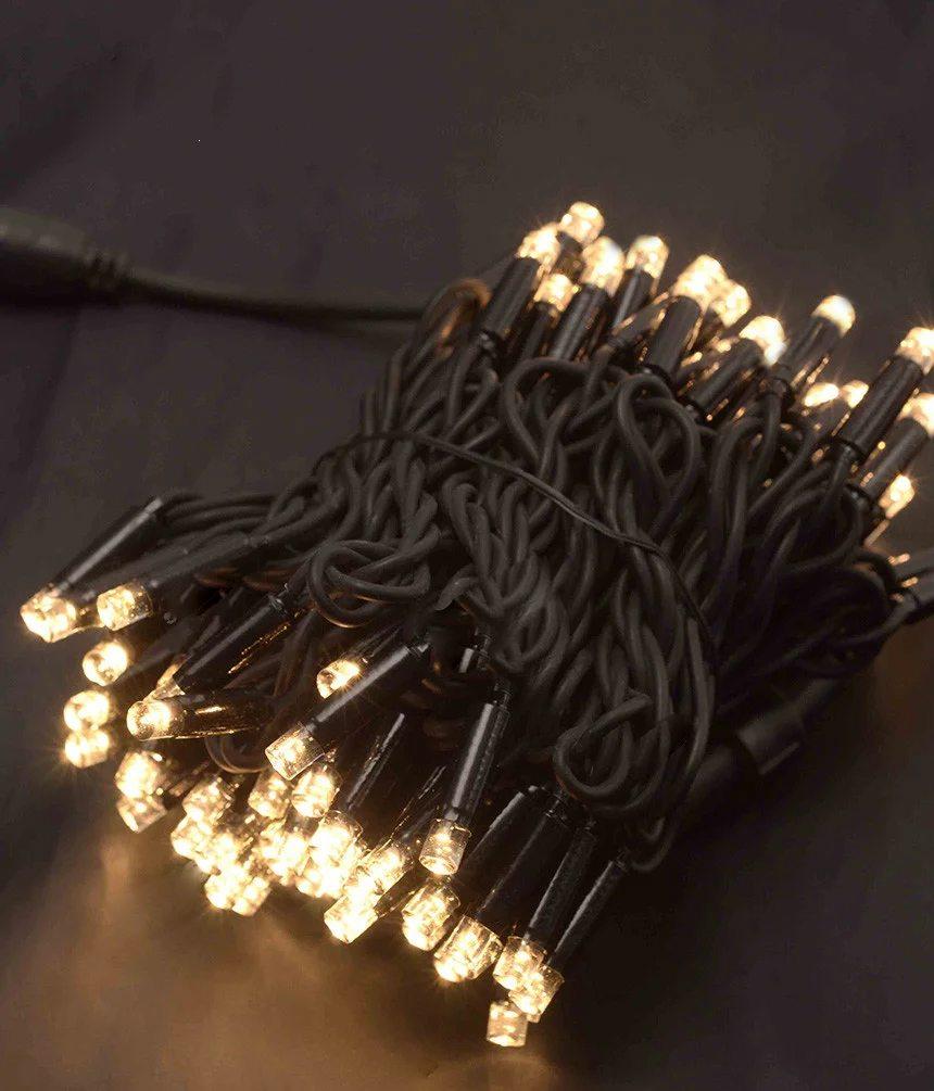 Гірлянда вулична 100LED, 10 метрів, Чорний каучук 3,3 мм, Теплий Білий колір