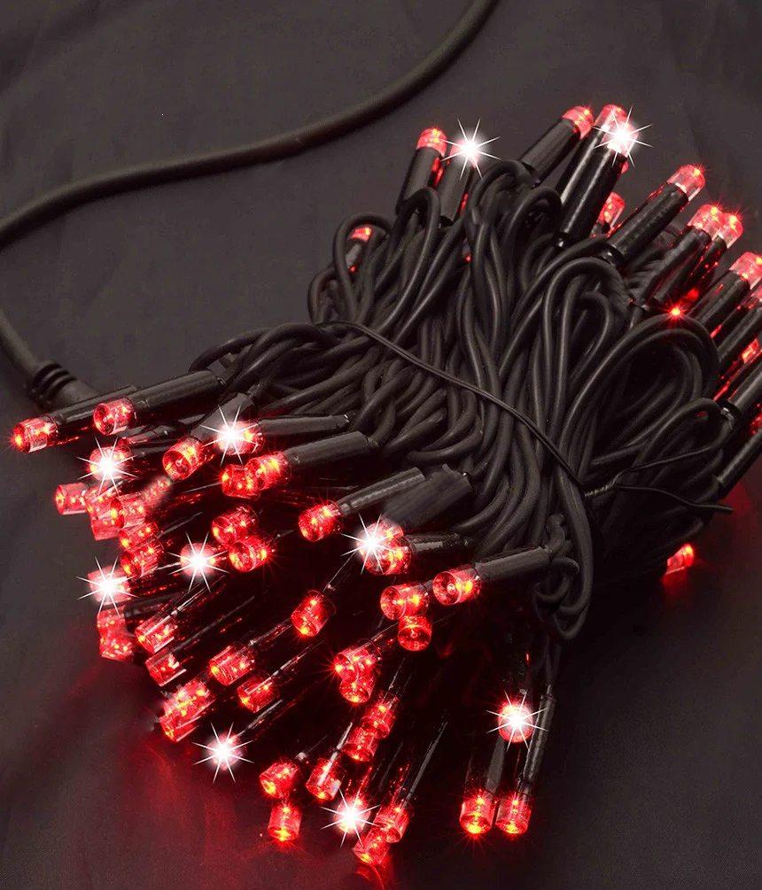 Гірлянда вулична 100LED+FLASH, 10 метрів, Чорний каучук 3,3 мм, Червоний колір