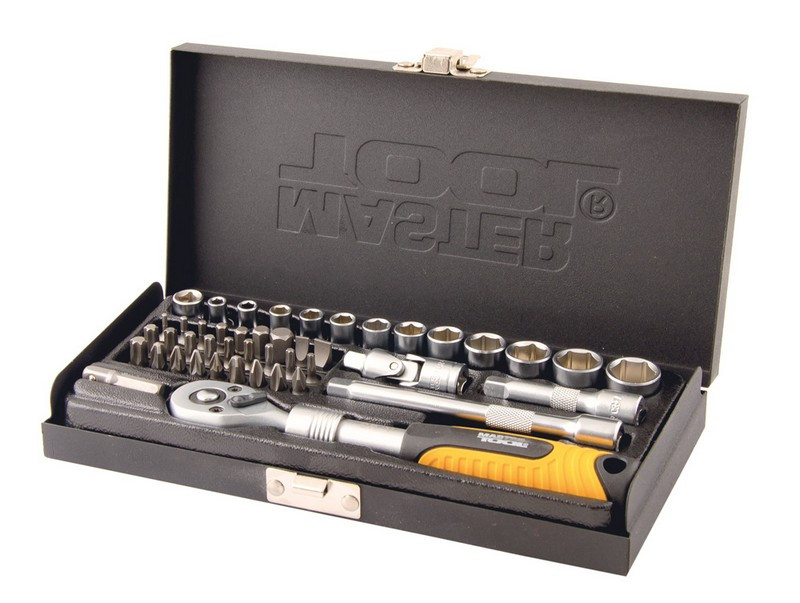 Набір насадок торцевих MASTERTOOL PROFI CrV 1/4" 4-13 мм подовжувана тріскачка 72Т 45 шт металевий кейс, фото 1