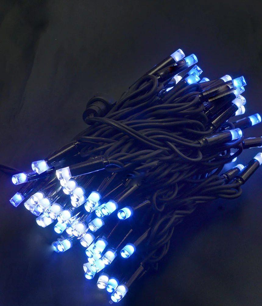 Гірлянда вулична 100LED+FLASH, 10 метрів, Чорний каучук 3,3 мм, Синій Білий колір
