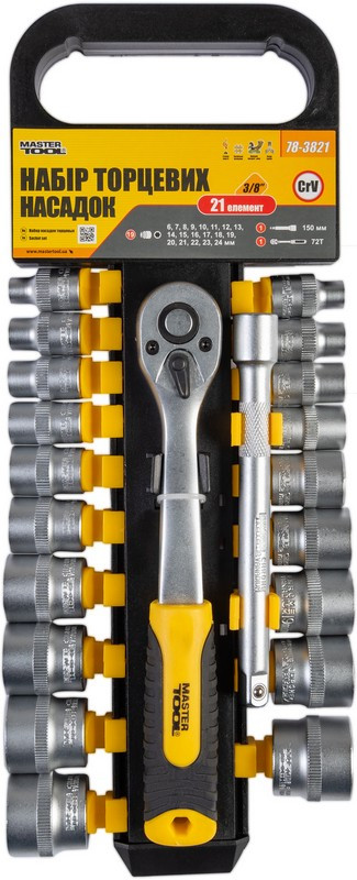Набір насадок торцевих MASTERTOOL CRV 3/8" 6-24 мм подовжувач 150 мм тріскачка 72Т 21 шт 78-3821, фото 1