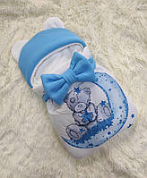 Спальник конверт для новорожденных, голубой с принтом Медвежонок