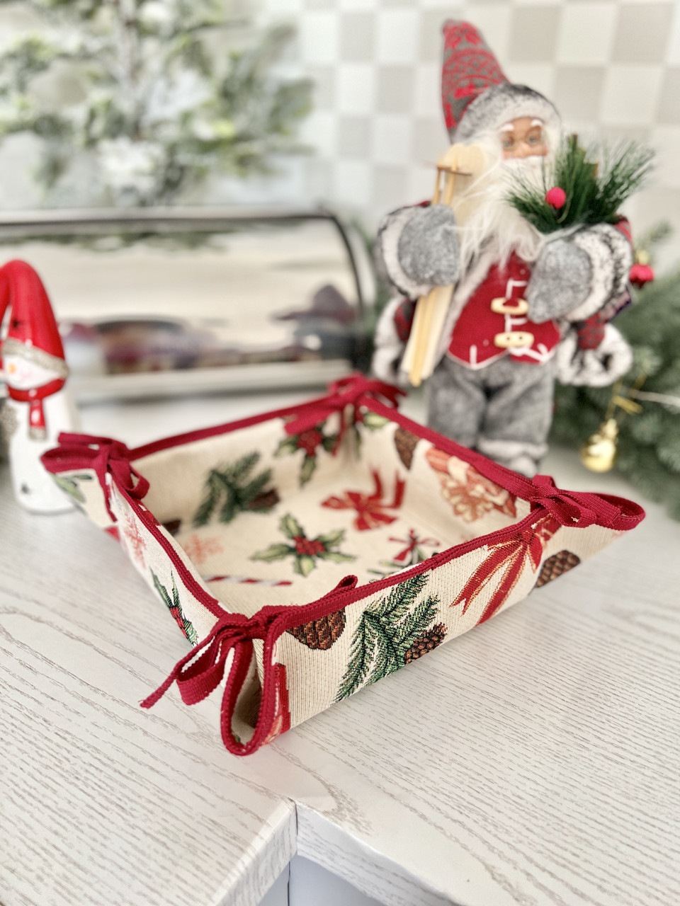 Хлібниця текстильна Новорічна корзинка для солодощів Limaso 20х20х8 см. гобелен, фото 1