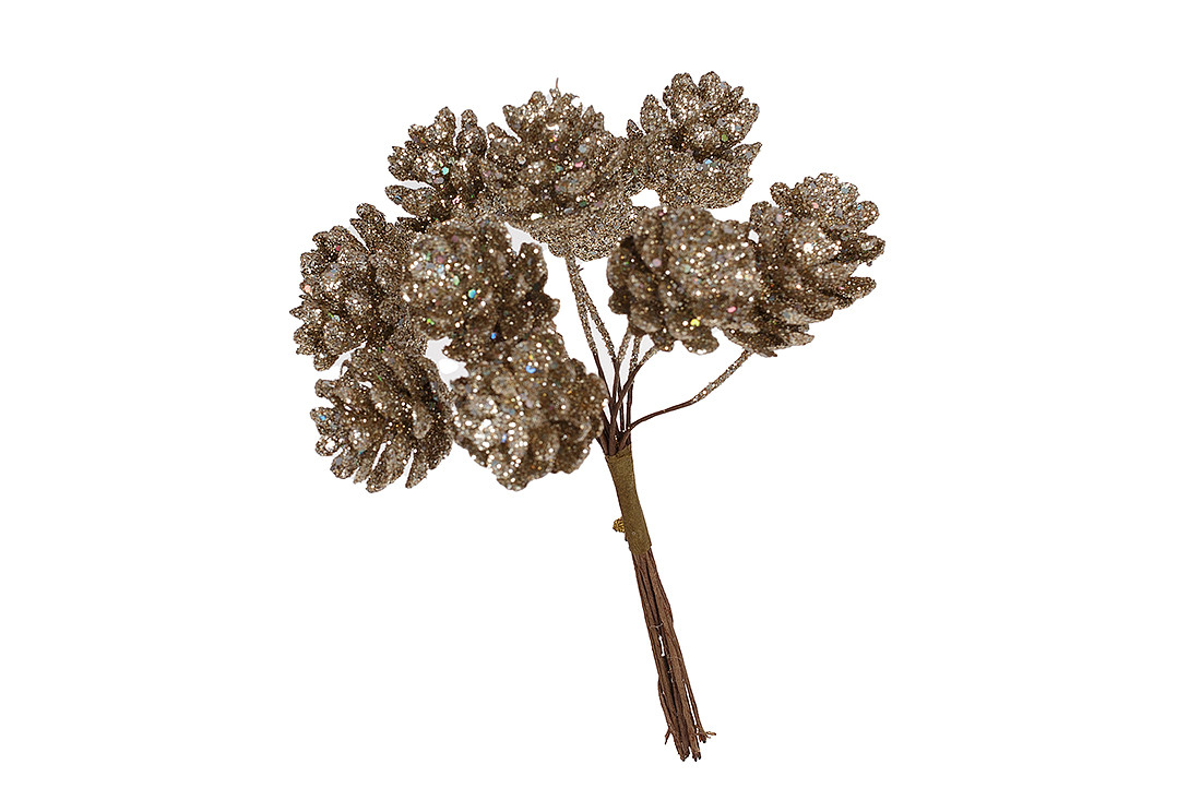 Декоративні міні-шишки 12шт в пучку, 12см, колір - бежевий гліттер - 12 шт УПАКОВКА ТОВАР ВІД ВИРОБНИКА