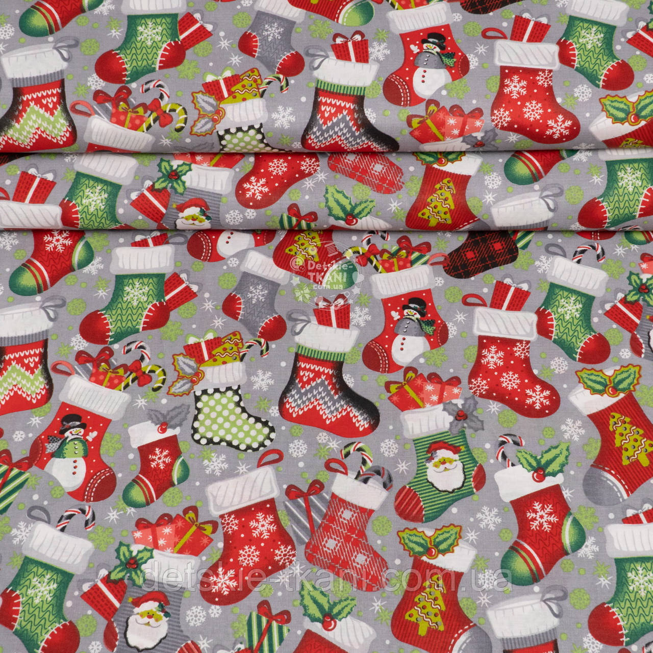 Ранфорс шириною 240 см "Різдвяна шкарпетка з подарунками" на сірому (№4352), фото 1