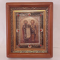 Икона Кирилл и Мефодий святие, лик 10х12 см, в коричневом деревянном киоте с камнями