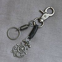 Брелок металевий сріблястого кольору екошкіра якір зі штурвалом із карабіном довжина брелока 14 см