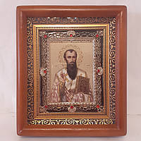 Икона Василий Великий Святитель, лик 10х12 см, в коричневом деревянном киоте с камнями