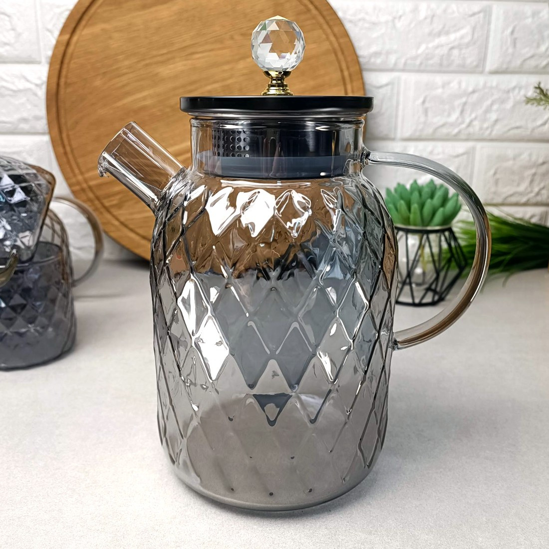 Високий скляний чайник 1.5 л Чорний перламутр Topaz Crystal