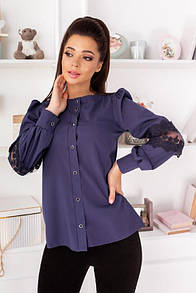 Жіноча синя нарядна блузка з мереживом