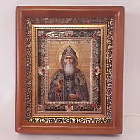 Икона Амфилохию Почаевскому святому преподомному, лик 10х12 см, в коричневом деревянном киоте с камнями