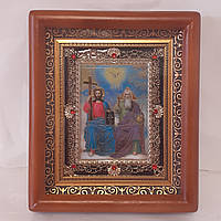 Ікона Свята Трійця, лик 10х12 см, у коричневому дерев'яному кіоті з камінням