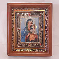 Икона Неувядаемый Цвет Пресвятая Богородица, лик 10х12 см, в коричневом деревянном киоте с камнями