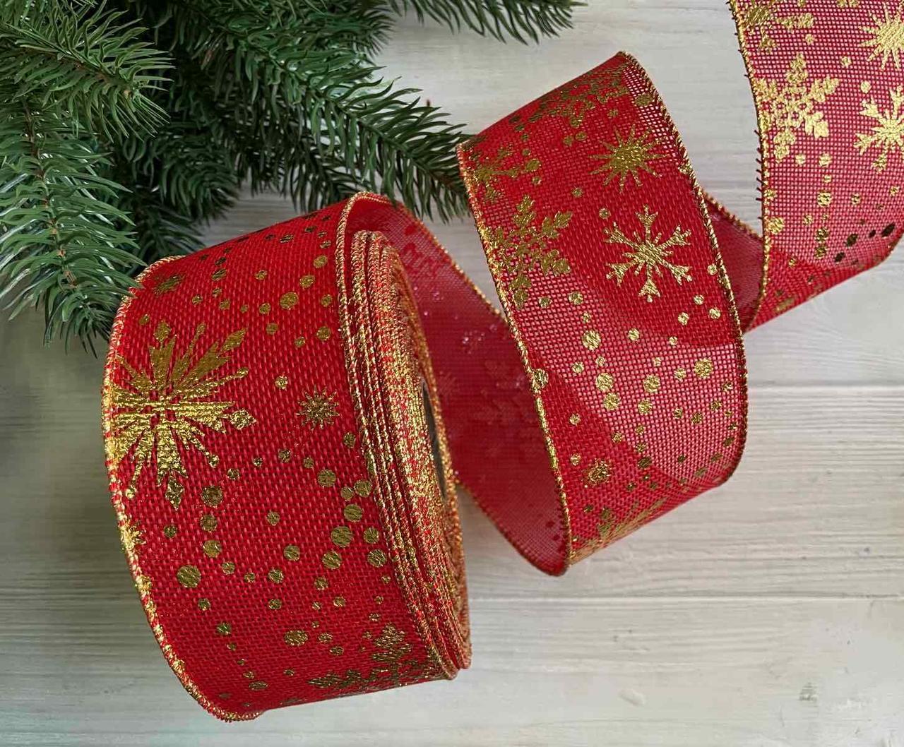 Стрічка новорічна 6,3 см "Сніжинки № 3 на мішковині" , червона 15 метрів