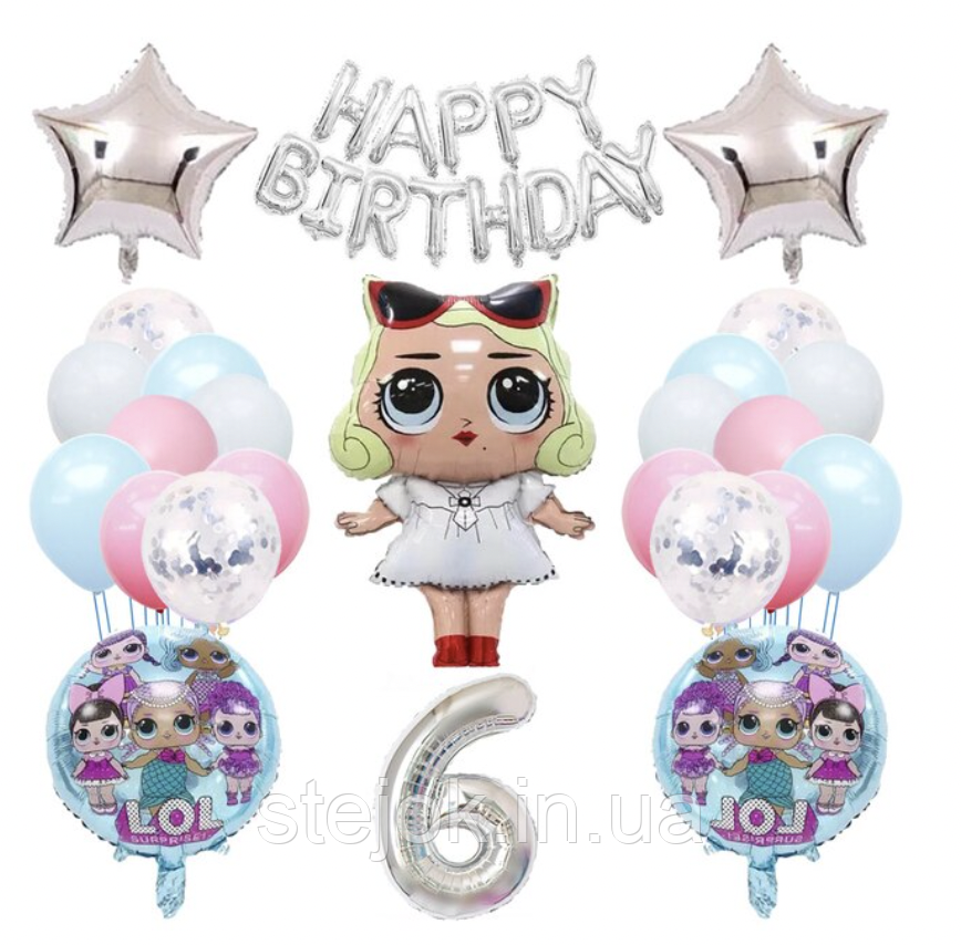 Фотозона з куль ЛОЛ срібло з написом Happy Birthday з цифрою, фото 1