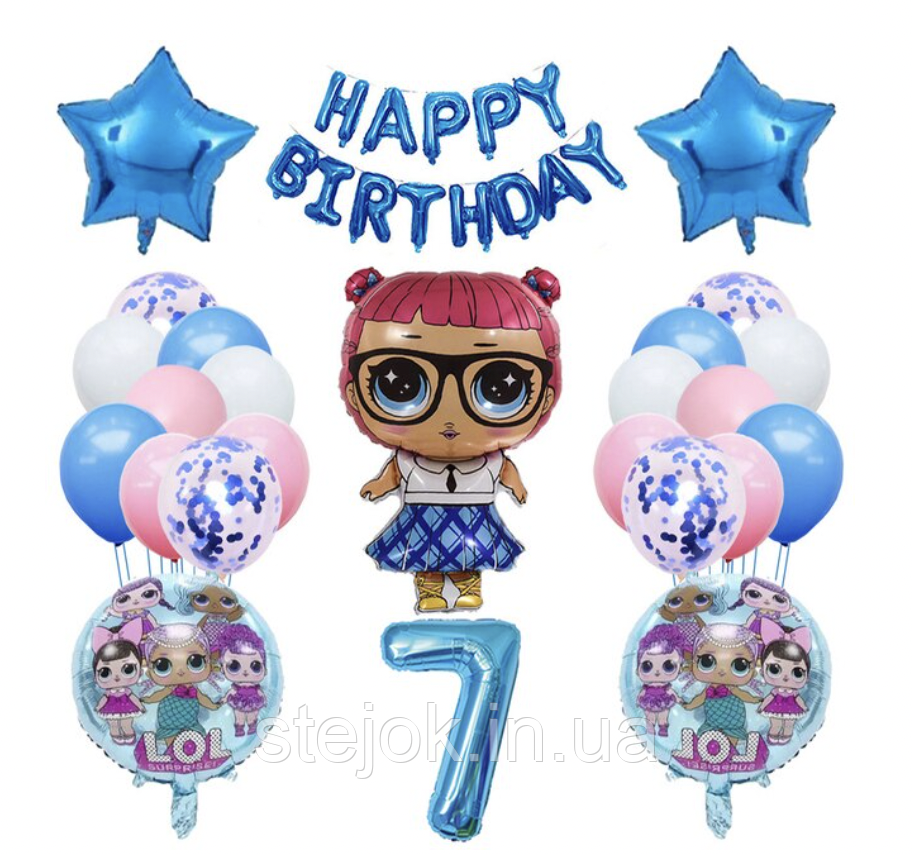 Фотозона з куль ЛОЛ синя з написом Happy Birthday та цифрою, фото 1
