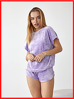Пижама женская с Шортами и Футболкой Велюр плюш цвет Лаванда размеры S-L, XL-XXL